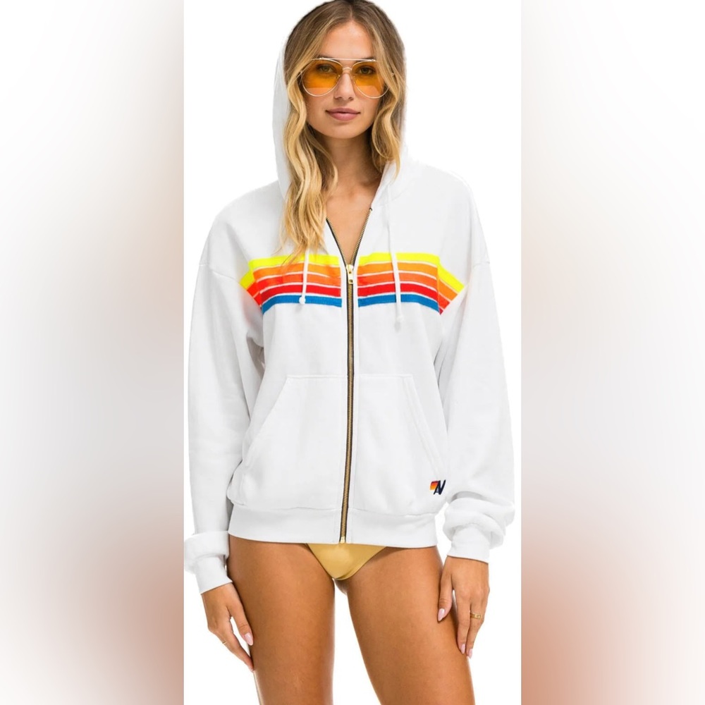 Aviator Nation 5 Stripe Relaxed-Zip Hoodie; White w Neon-Never Worn! Small